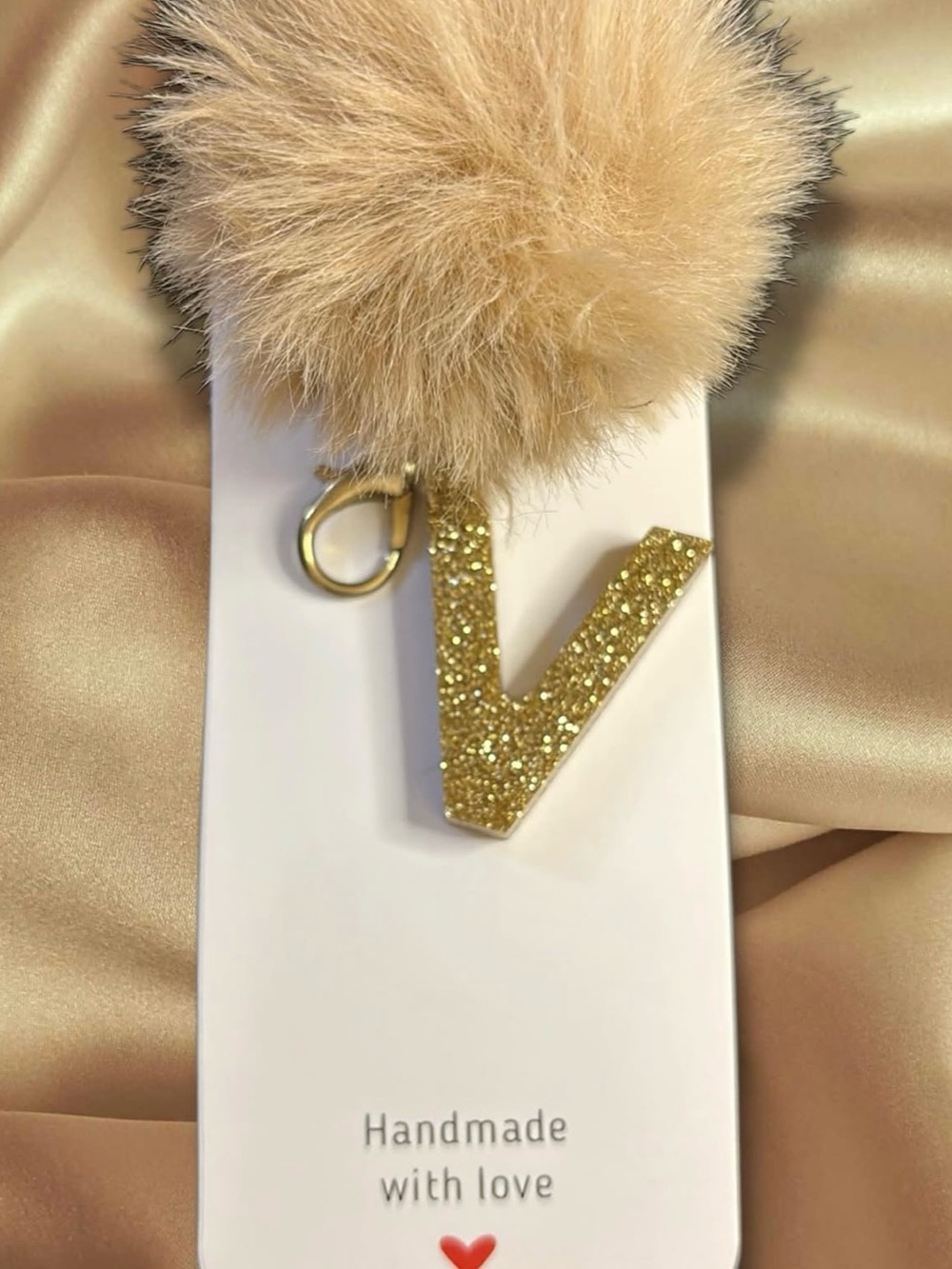 Gold Glitter 'V' Pom Keychain - Handmade